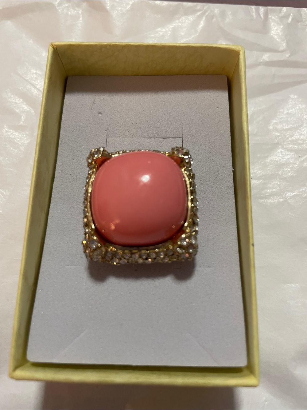 Peach Cushion Cabochon Statement Ring with Crystal Halo